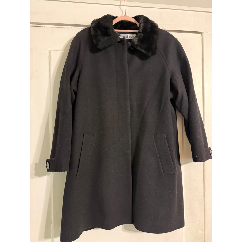 Alfred Dunner Black 100% Wool Coat Faux Fur Collar Vintage 12P Petite